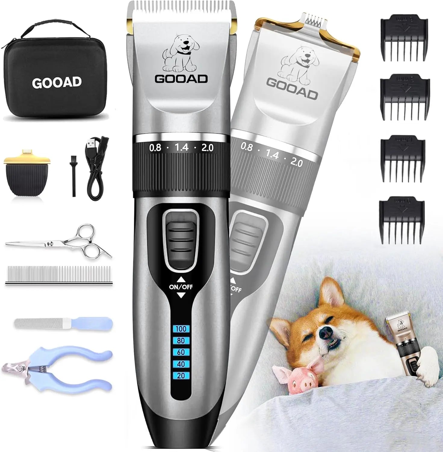 Grooming Kit with Quiet Rechargeable Trimmer & Paw Shaver for Dogs & Cats.