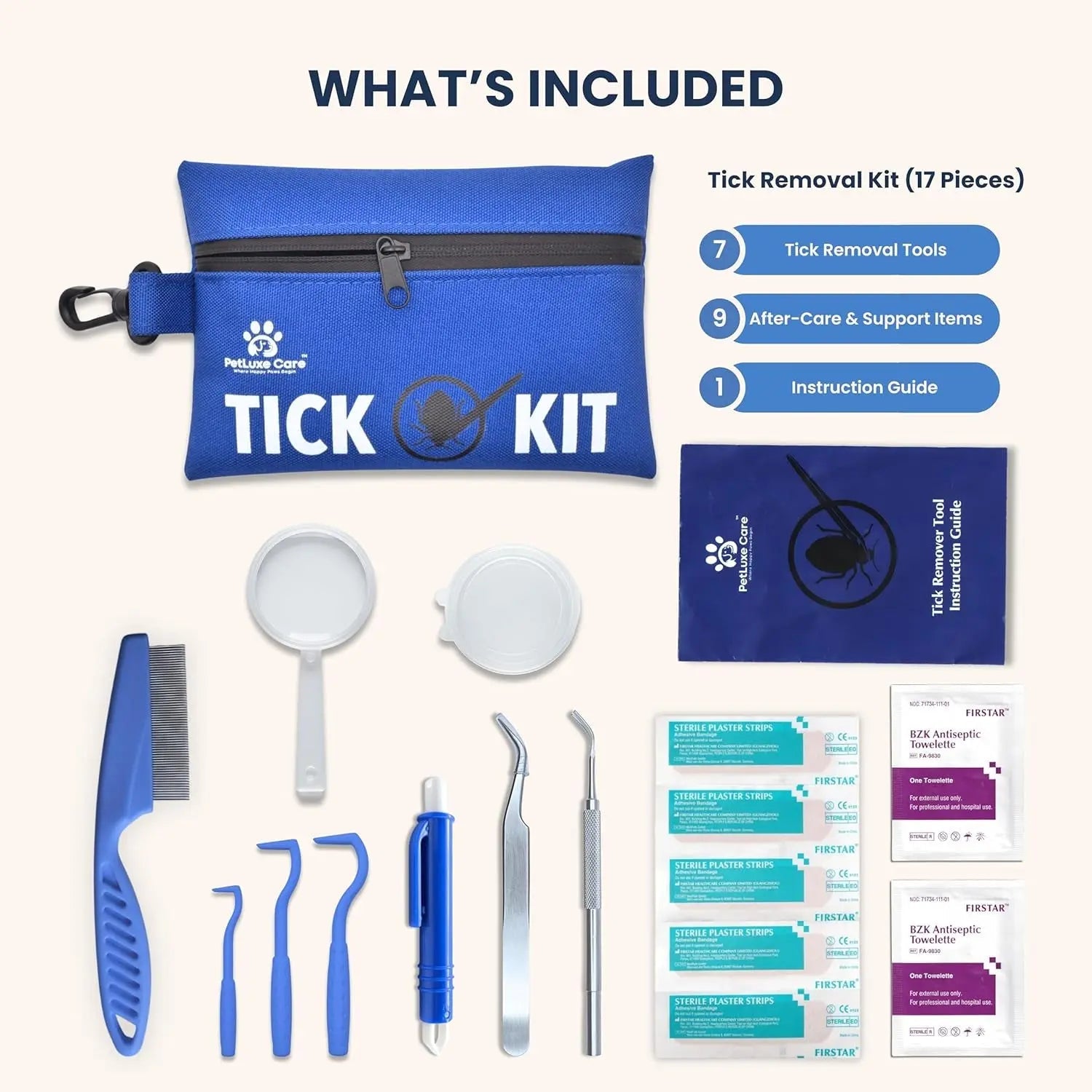 Tick Remover Kit-Stainless Steel Tool and Comb for Dogs and Cats + Travel First Aid.