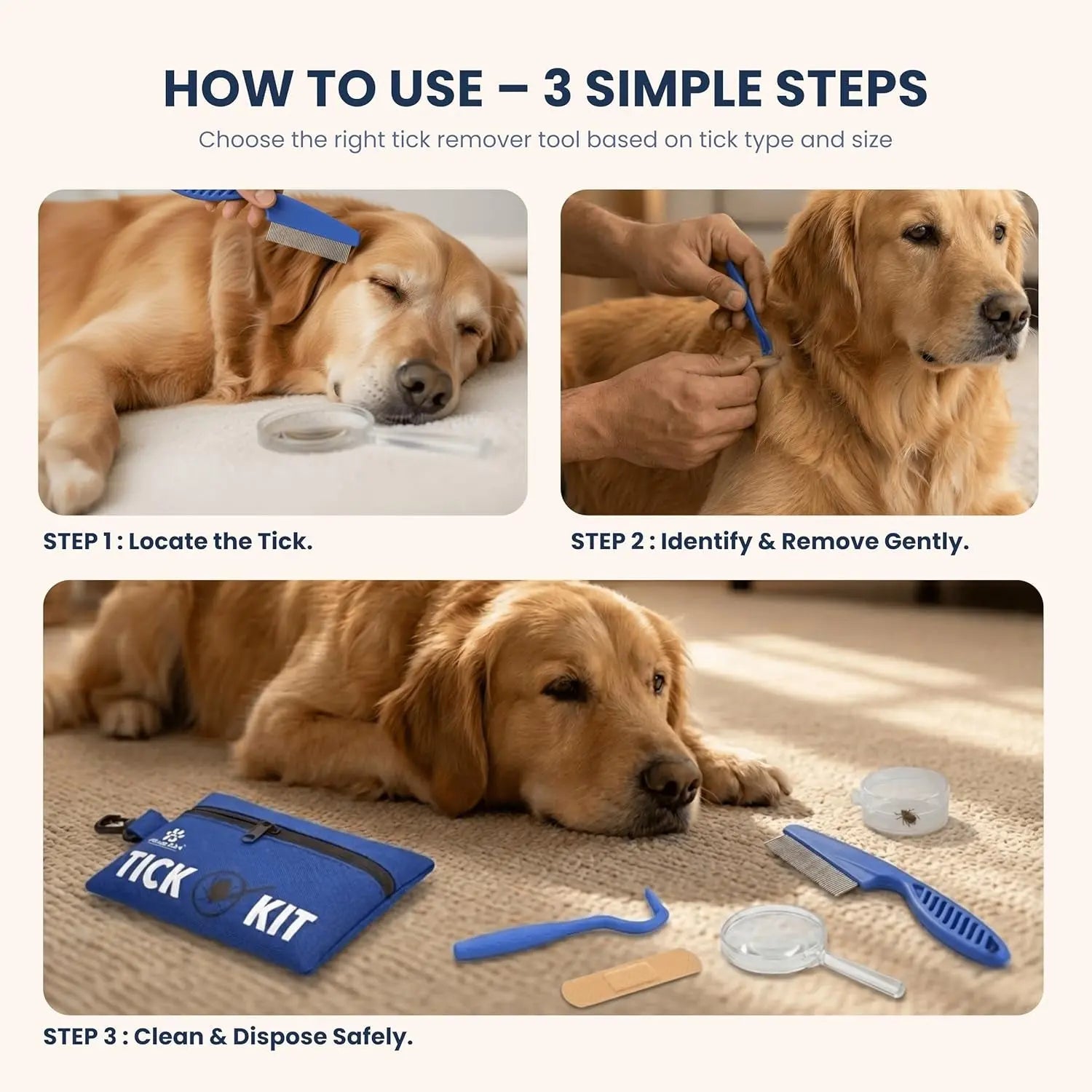 Tick Remover Kit-Stainless Steel Tool and Comb for Dogs and Cats + Travel First Aid.