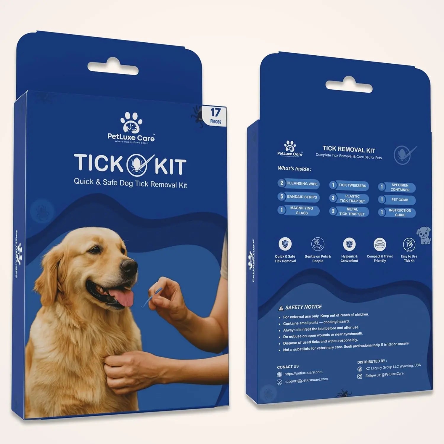 Tick Remover Kit-Stainless Steel Tool and Comb for Dogs and Cats + Travel First Aid.