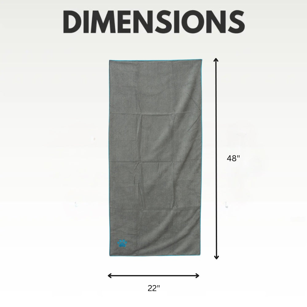 Large Gray Microfiber Towel with Teal Embroidered Paw Print