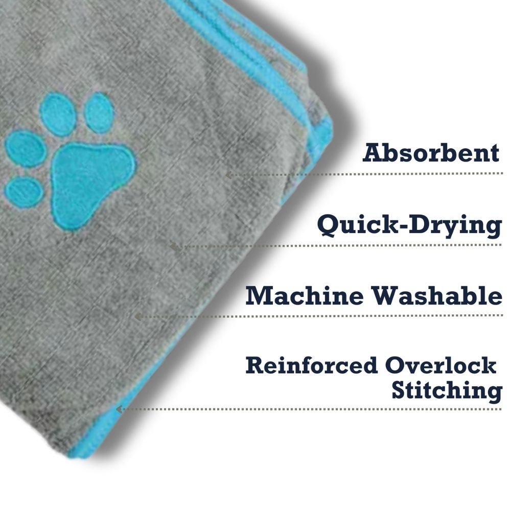 Large Gray Microfiber Towel with Teal Embroidered Paw Print