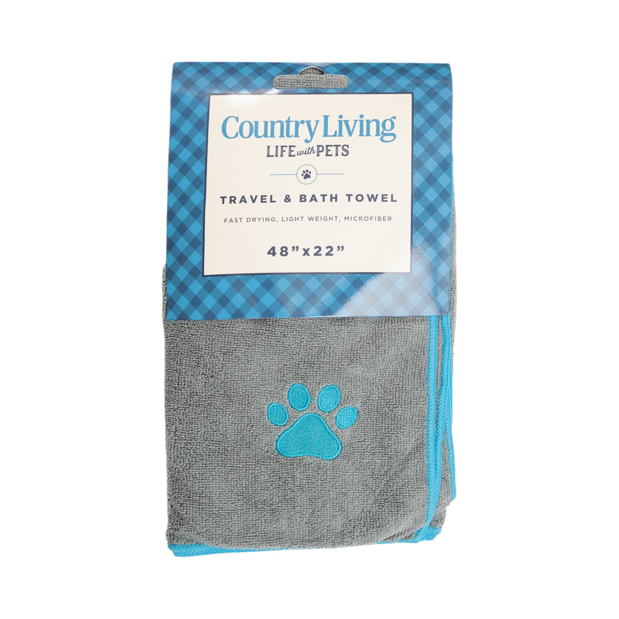 Large Gray Microfiber Towel with Teal Embroidered Paw Print