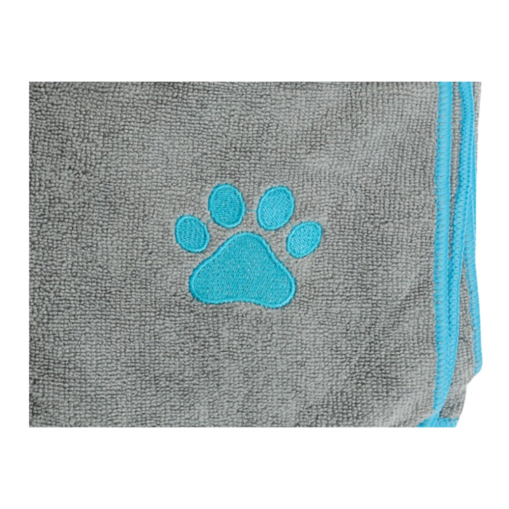 Large Gray Microfiber Towel with Teal Embroidered Paw Print
